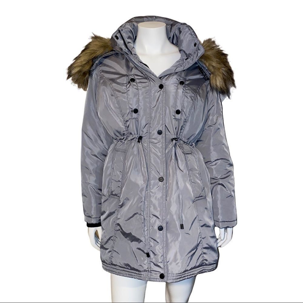 Madden Girl Juniors Silver Grey Faux Fur Trim Hooded Anorak Parka Coat Med NWT - Picture 2 of 9